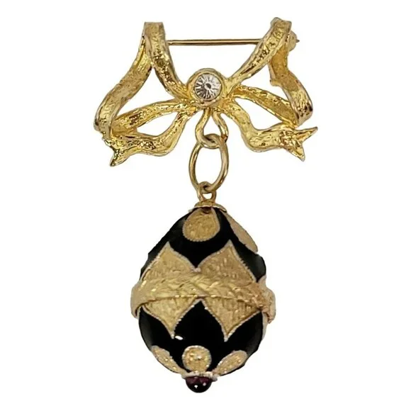 Sterling Silver Gold Vermeil Bow Bar Faberge Style Egg Charm Dangle Pin Brooch